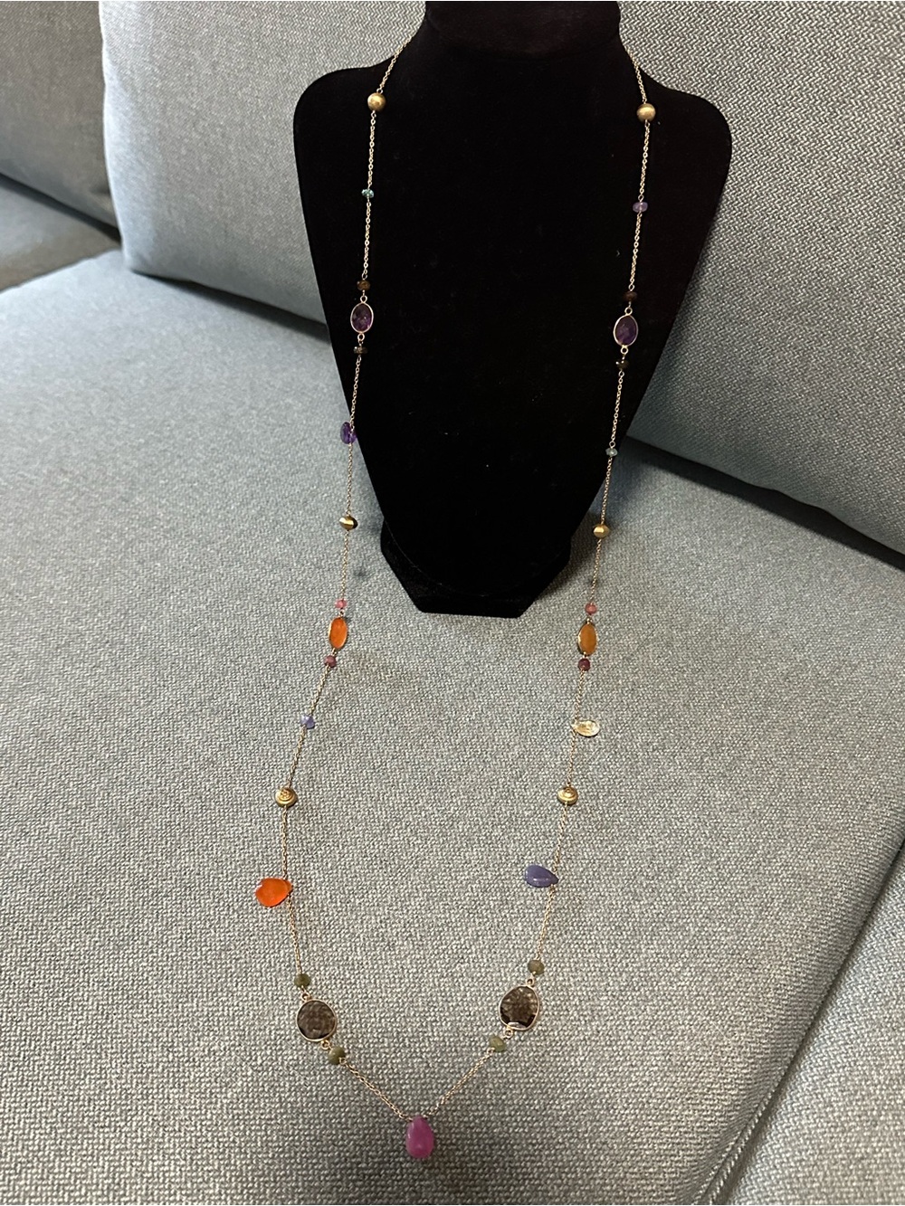 Long Gold Plated Sterling Silver Multicolor Gemstone Necklace - Opera Length